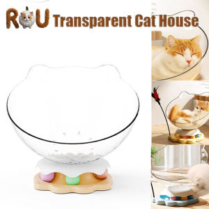 Transparent Cat House with Wood Turntable Catnip Ball Track Toy Capsule Cat Bed Cat Activity Centre Kitten Capsule Dome Cover for Lounging Cats Kitten