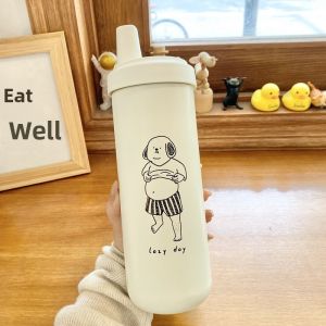 Large Capacity Insulated Straw Cup for Women Outdoor Leakproof Cold Beverage Car Carrier High Aesthetic Value Simple Sketch Design