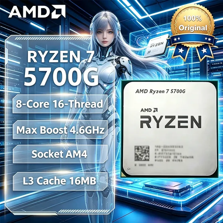 AMD | AMD Ryzen 7 5700G CPU AMD R7 5700G Processor 4.6GHz 8-Core 16-Thread 16MB Cache Socket AM4 Desktop Gaming CPU Radeon Graphics