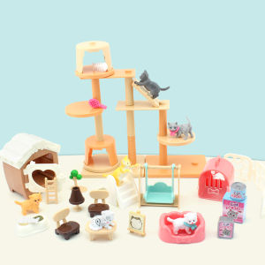 Miniature Handmade Kitchen Furniture Set for Girls Dollhouse Toys Childrens Role-playing Game Cat-Themed DIY Toy House