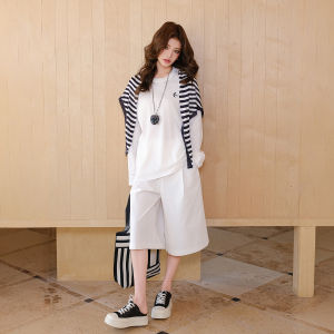 Korean Style Striped Overwear Loose T Shirt Set