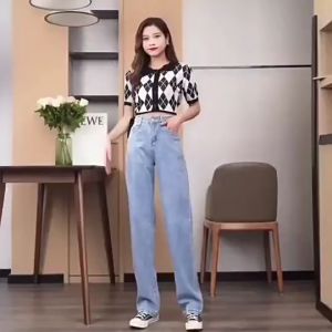 Fashion Jeans ยีนส์บุขนกันหนาว 2023 ทรงขากระบอก เป็นสีเหลืองและสีดำ ภายใน 32มม