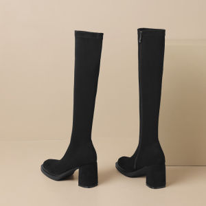 Elastic Velvet High Heel Slim Boots Womens Autumn Winter over Knee Long Fashion Simple Zipper Thick Heel High Tube Boots