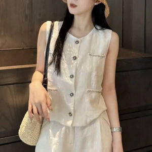 SHUAIYUE | Áo Mè Gile Linen Phong Cách Pháp Đơn Giản Cho Phụ Nữ Mùa Hè