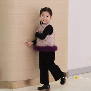 Girls Cheongsam Vest Cotton Lined Stand Collar Floral Print New Year Clothes Traditional Chinese Hanfu Style Childrens Clothing