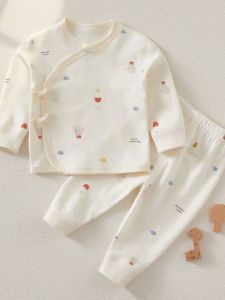 Pure Cotton Spring Autumn Newborn Baby Clothes Two-Piece Set Close-Fitting Monastic Style Infant Clothing Short Sleeve Silk Top