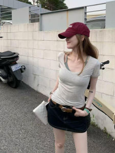 YUEZHONGWEI | Gray U-neck Short Sleeve T-shirt Womens Summer New Style Slimming Fashionable Pure Color Top Korean Style Commute Style