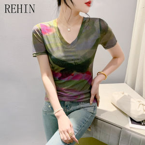 REHIN Summer Fashion Mesh tie-dye Printing Short Sleeve T-shirt V-neck Slim Fit Elegant Womens top