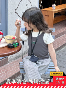 Fashionable Short Sleeve T-Shirt And Vest Set for Girls Korean Style Summer Outfit Two-Piece Layered Tops Cute Childrens Clothing