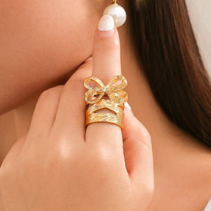 Fashionable Hollow Cylinder Butterfly Knot Ring for Women Unique Design Index Finger Single Ring out New Jewelry