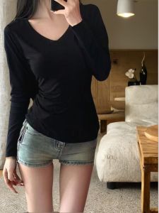 Áo Thun Dài Tay Cổ Chữ V Màu Đen Cho Nữ Mùa Xuân Thu Ôm Vừa Vặn Cỡ Lớn Áo Lót Tay Ngắn Thường Ngày Chất Liệu Polyester