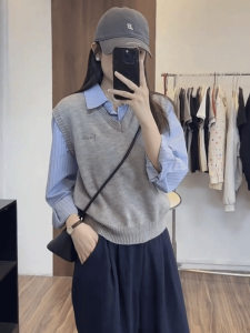 Womens Knitted Long Sleeve Shirt Casual Stripe Patchwork Fashionable Layering Top Korean Style Loose Fit Cotton Blend