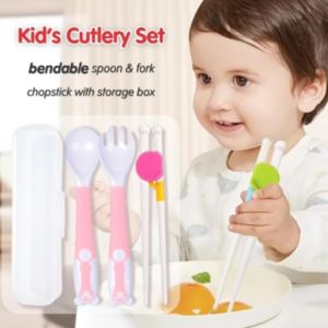DAPANDA Kids Feeding Utensils Set: Bendable Training Spoon Fork & Chopstick with Storage