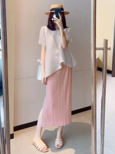 Váy Xếp Ly Màu Hồng Cạp Cao Cho Nữ Mùa Hè Mỏng Váy Midi Dài Có Nút Cài Phong Cách Hàn Quốc Váy Công Sở Màu Trơn