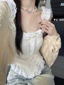 Sweet Style Knitted Lace Trim Camisole Womens Early Spring Suit Inner Wear Short Length Spicy Girl Base Shirt Single Piece Pure Color