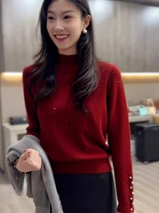 Comfortable Long Sleeve Knitted Sweater New Year Red Solid Color Hoodie Top Fashionable Design Commute Style Ladies Knitwear