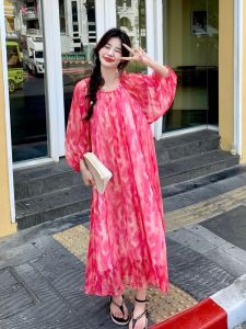Pink Floral Print Maxi Dress Summer 2024 Womens Lazy Style Bubble Sleeve French Country Tea Break Dress A-Line Skirt Commute