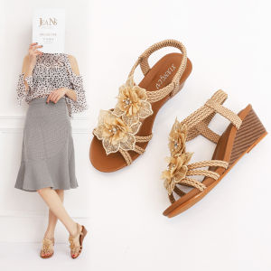 36-42 Fashion Women Wedge Leather Flower Ladies Shoes Office Wear Rubber Korean Baic Sandals Casual Style