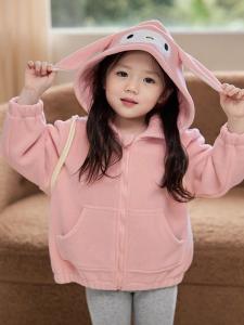 Cute Cat Hooded Jacket Spring Autumn Baby Girls Fashionable Warm Outerwear Zipper Closure Long Sleeve Cartoon Pattern