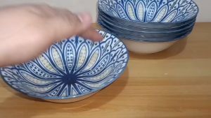 POCELAIN PALACE MOROCCAN BLUE & YELLOW PALETTE SOUP BOWL 7 INCHES DIAMETER 2 INCHES HEIGHT / MICROWAVE SAFE