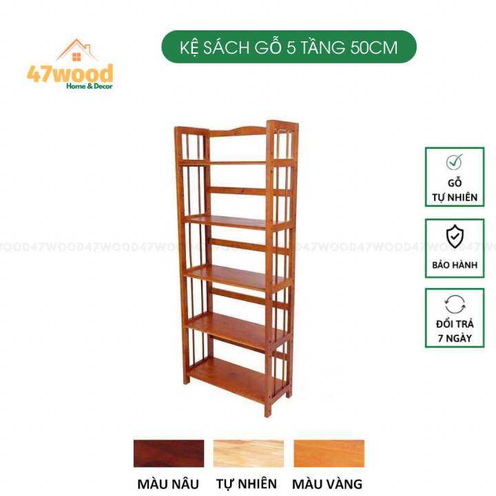 KỆ SÁCH GỖ 5 TẦNG RỘNG 50CM 47WOOD GỖ CAO SU CHẮC CHẮN