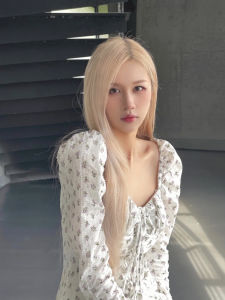 Gold White Hand Knitted Lace Part Synthetic Hair Wig for Women Long Straight Hair with Bangs Easy to Wear Breathable Natural Looking