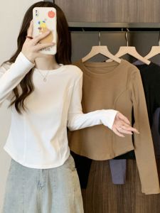 สีขาว แขนยาวไหล่ผิดปกติ ผู้หญิง เสื้อยืด Pure ผ้าฝ้าย เสื้อเบส สลิมฟิต สไตล์สั้น อินเทรนด์ เสื้อท่อนบน สําหรับ ฤดูใบไม้ร่วง ฤดูหนาว