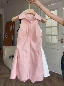 MANNASU Dress Waistless Sleeveless Halterneck Off-shoulder Backless Shirt Dress Womens Summer Slim Lapel Niche Korean Style Pleated Skirt