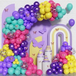 137Pcs A Set of Purple Balloon Arch Kit Confetti Balloon with 3D Pink Butterfly Stickers for Wedding Birthday Party Decoration