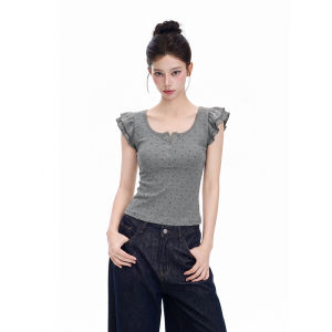 Grey Dots U-Neck Flutter Sleeve Short Slim Fit Waisted Summer Top