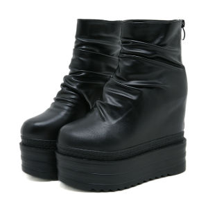 Gdgydh Womens Chelsea Boots Zip Black Creeper Platform Wedge Heels Sponge Cake Muffin Inside Fashion Pleated Ankle Boots Height