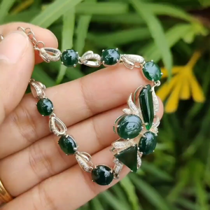 10 Dark Green Multi Shapes Cabochons crafted on Natural Type A Jadeite Jade set with High quality S925 as Bracelet certificate weighs 7.66 grams (s925b6)