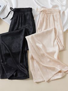 กางเกงขากว้างผ้าซาตินแจ็คการ์ดสไตล์จีนแบบใหม่ไซส์ใหญ่สำหรับผู้หญิงกางเกงลำลองเอวสูงทรงหลวมทิ้งตัวได้ดีแบบบางใส่ช่วงฤดูร้อนสำหรับสาวอวบ