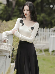 Elegant French Knitted Set Womens Fashion Spring 2025 Black Midi Skirt Long Sleeve round Neck Two-Piece Polyester Fiber