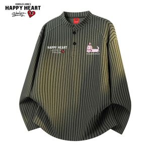 CHARLES JANGS HAPPY HEART | Striped Dachshund Print Breathable Loose Long Sleeve T-Shirt