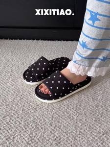 XIXITIAO | Dép Nhà Chống Trượt Thoáng Khí Đơn Giản Họa Tiết Chấm Bi Vải Cotton Dùng Quanh Năm
