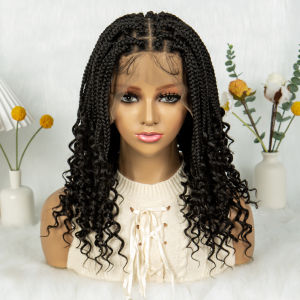Knotless กล่อง Braided Wigs กับปลายหยิกสังเคราะห์ลูกไม้ Boho ถักวิกผมลูกไม้ด้านหน้า Braids วิกผมสําหรับผู้หญิงสีดํา