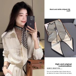 BILLI ZILLY | Elegant Striped Silk Scarf Womens Neck Band Long Scarf Shirt Match High-End Sense Tie Neck Accessory Collar Scarf Korean Style
