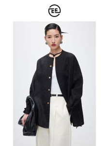 Elegant Black Bamboo Rayon Womens Shirt round Neck Spring Autumn Casual Loose Fit Long Sleeve Fashionable Top EE Brand