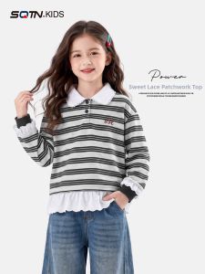 SQTN.KIDS | Girls Striped Polo Shirt for Autumn