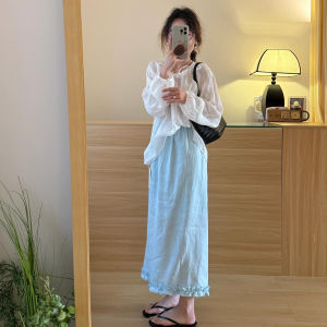 Korean Style Retro Fashion Simple Match Lazy Style Wooden Edge Pure Color Slim A-Line Midi Skirt Long Skirt Womens Dress