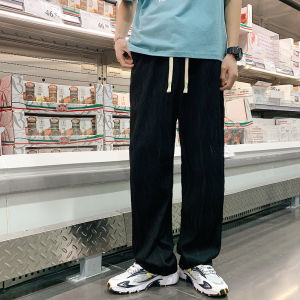 Ice Silk Pleated Loose Wide Leg Sweatpants for Men Summer Casual Trousers Youthful Style Thin Material High Street Hip Hop Trend