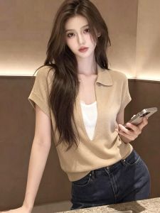 V.C.I | Elegant Polo Neck Short Sleeve Knit T-shirt For Women