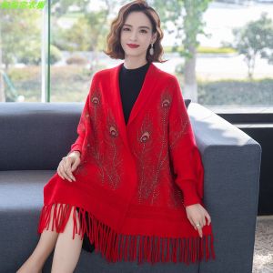 Wedding Thickened Woolen Shawl for Mom Cheongsam Coat Autumn Winter Cowl Neck Wrap Warm Outerwear Scarf Ethnic Style Long Rectangle