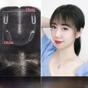 Defancy | Lightweight Breathable Full Real Hair Top Piece Womens Swiss Weave Hand Knitted Fluffy High Cranial Cover Grey Hair Wig Piece