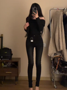 High Waist Elastic Slimming Lengthening Legs Nine Points Pencil Jeans Womens Spring Cotton Stretch Denim Black Color