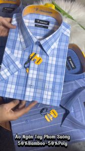 Áo Sơ Mi Bamboo Pha Poly Ngắn Tay Dáng Regular_ Vạt Ngang Vĩnh Tiến Sọc Caro 375 N3