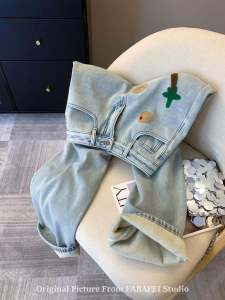 Christmas Cartoon Fleece Lined Denim Jeans Womens High Waist Straight Leg Casual Pants Long Warm Bootcut Trousers