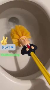 Funny Yellow Hair Cartoon Toilet Brush with Holder | Creative Bathroom Cleaner | Unique Gag Gift for Adults Friends Party Fun