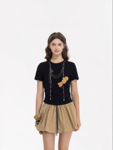 New Summer Chain Decorated 3D Bear Womens Fitted Short Sleeve T-shirt